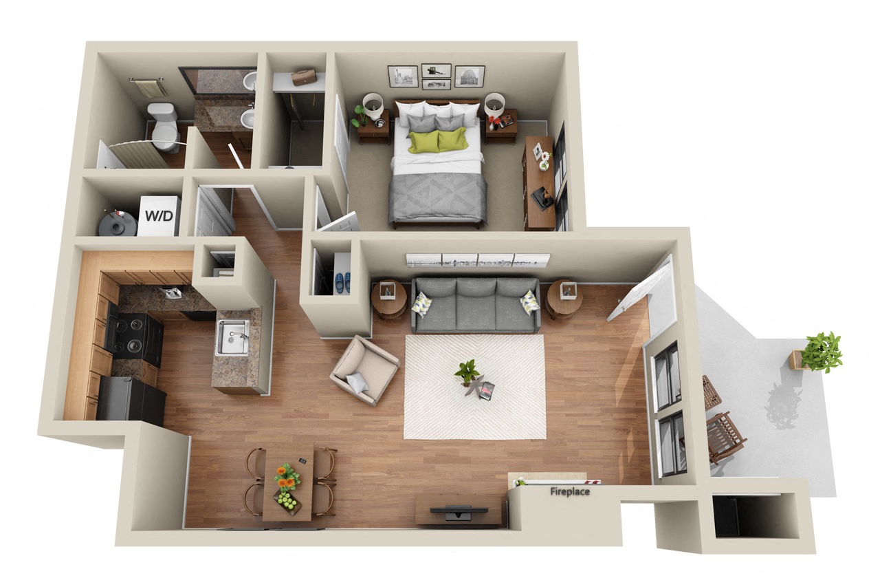 Floor plan for 1 bed, 1 bath, 624 sqft